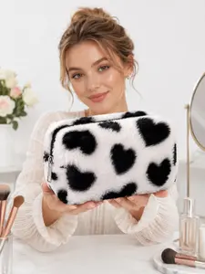 Soft Faux Fur Cosmetic Bag Large Capacity Makeup Organizer Travel Toiletry Pouch Cute Cow Pattern Storage Bag for Beauty Essentials Skincare Accessories Perfect Gift for Mom Wife Girlfriend Christmas Halloween Valentines Day Birthday Present