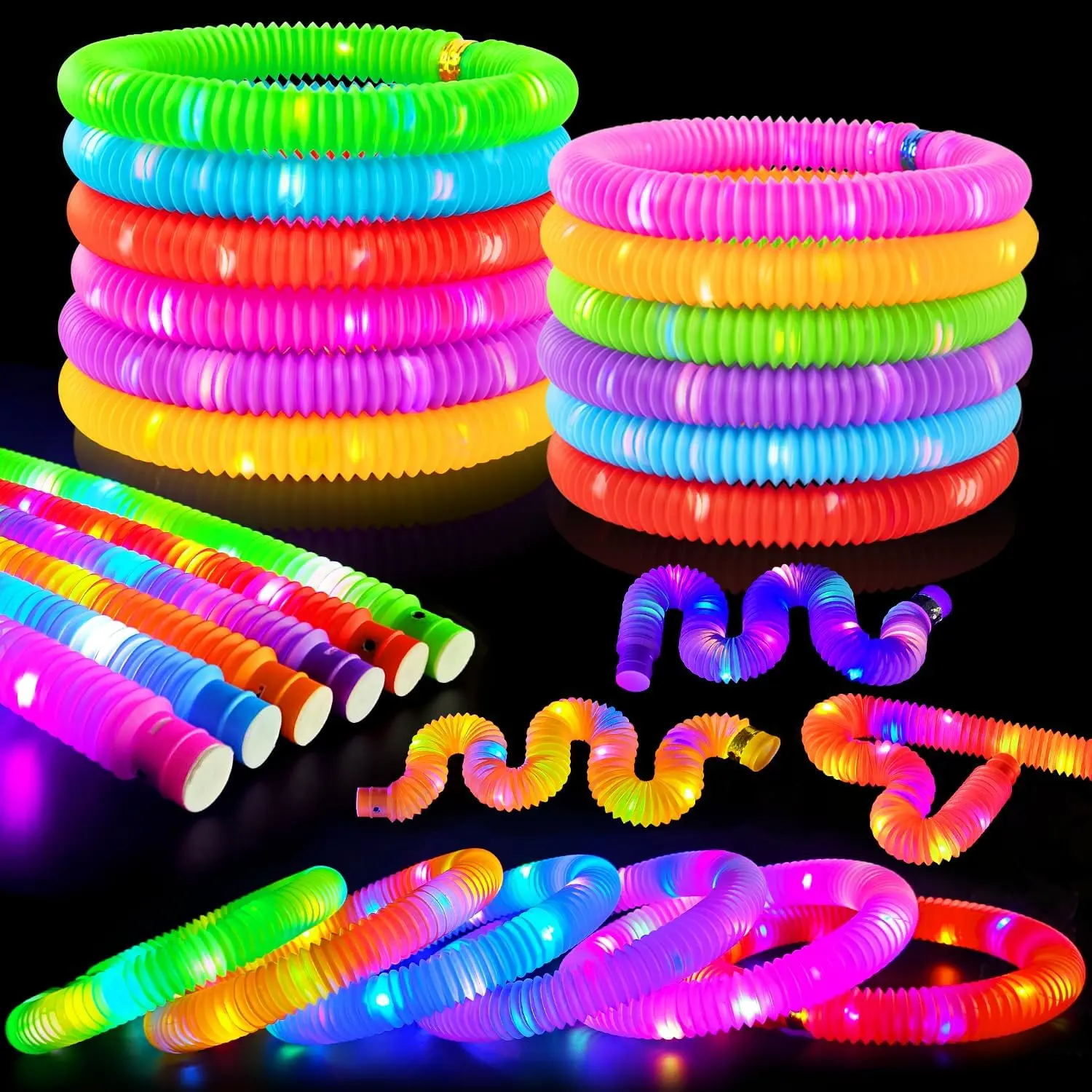Easter Basket Stuffers  Toddlers-6 PCS Light Up Pop Tube Toys Gifts  Kids,LED Glow Stick Bracelet Necklace Party Accessories,Fun Outdoor Camping Essentials Games Activities  Boys Girls