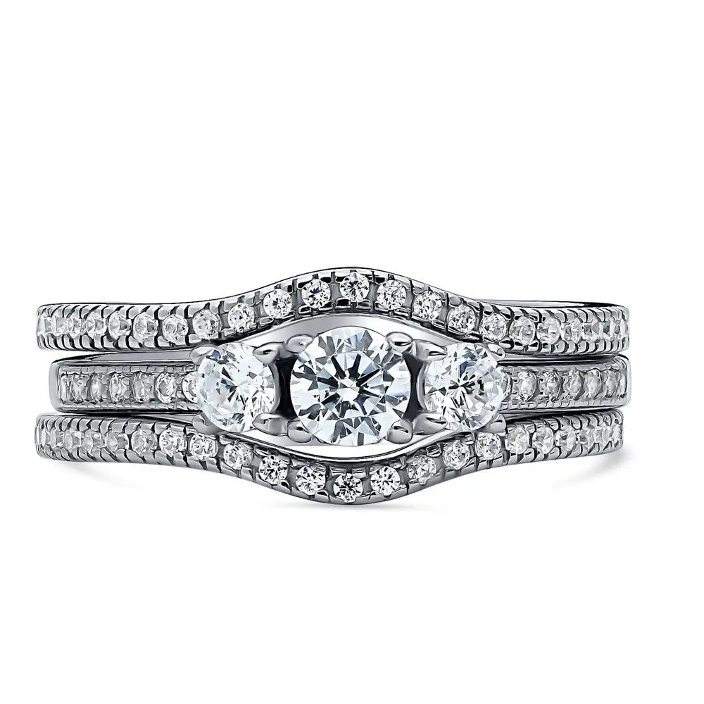 BERRICLE Sterling Silver 3-Stone Wishbone Engagement Rings Stackable Band for Women, 0.25 Carat Round Cut Cubic Zirconia CZ Ring Set