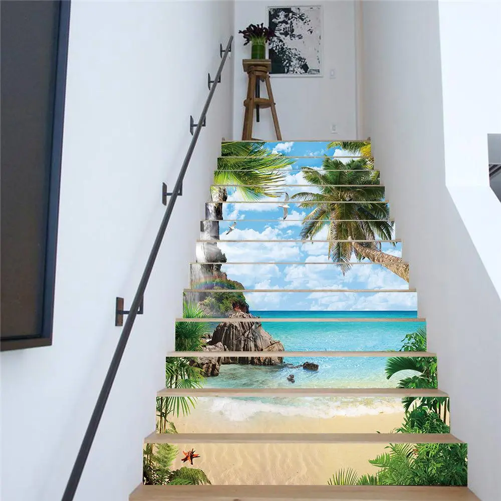 Tropical Beach Pattern Stair Sticker, Waterproof Self-adhesive Stair Sticker, Removable Wall Sticker for Home Decor, Decorative Wall Sticker, PVC Waterproof Stickers