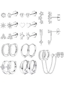 Flat Back Earrings Hypoallergenic Surgical Steel Earrings for Women Trendy Earring Stacking Set Cartilage Chain Hoop Earring Studs 14K Gold Plated Heart Shaped Earrings Star Heart CZ Flatback Stud Earring Sets for Multiple Piercing
