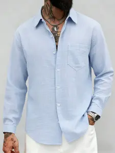 Men's linen shirt with button design, casual long-sleeved beach shirt with pockets, regular fit and lightweight top, suitable for summer fashion and comfort. A versatile, fashionable and simple men's shirt