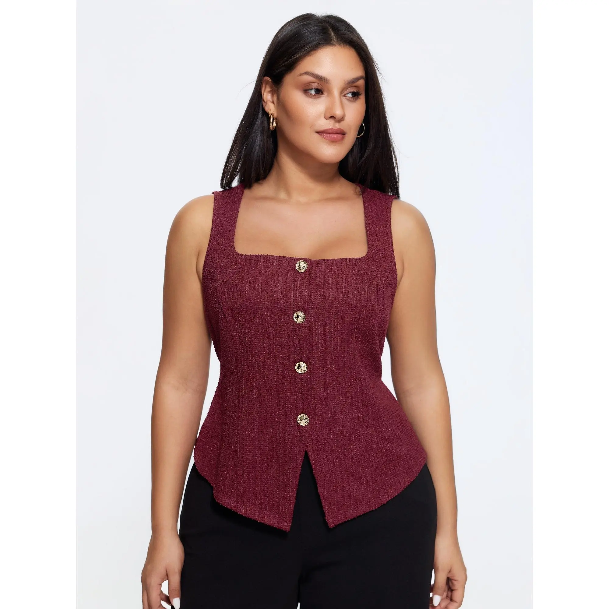BLOOMCHIC Women's Plus Size Sleeveless Knit Spandex Square Neck Front Buttons Tweed Tank Top [M-6X] 2026 Summer Finds, Garment, Flat