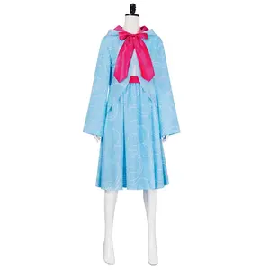 Women‘s Fairy Godmother Cosplay Costume Blue Circle Print Cloak and Dress with Bow Belt for Halloween
