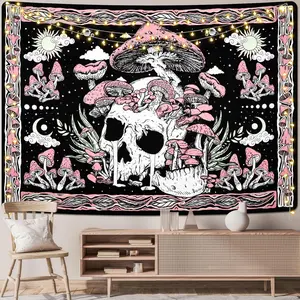 Mushroom Tapestry Skull Wall Tapestries Skeleton Tapestry Hippie Large Pink Tapestry Leaves Tapestry for Bedroom Aesthetic, Tapestry Wall Hanging for Room (51.2 x 59.1 inches)