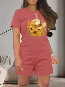 Women's Summer Casual Short Sleeve Tee & Shorts Set, Sunflower Print Round Neck Top, Fitted Thin Fabric for Daily Wear