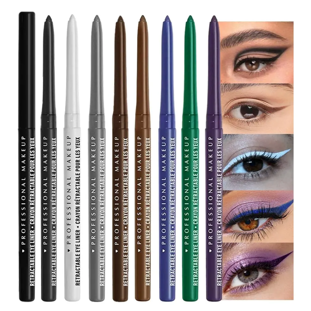 Retractable Creamy Eyeliner & Eyeshadow Sticks for Women, Black White Brown Blue Purple Green Gray Colors, Ultra Pigmented Waterproof Mechanical Eye Pencils, Matte Satin Finish