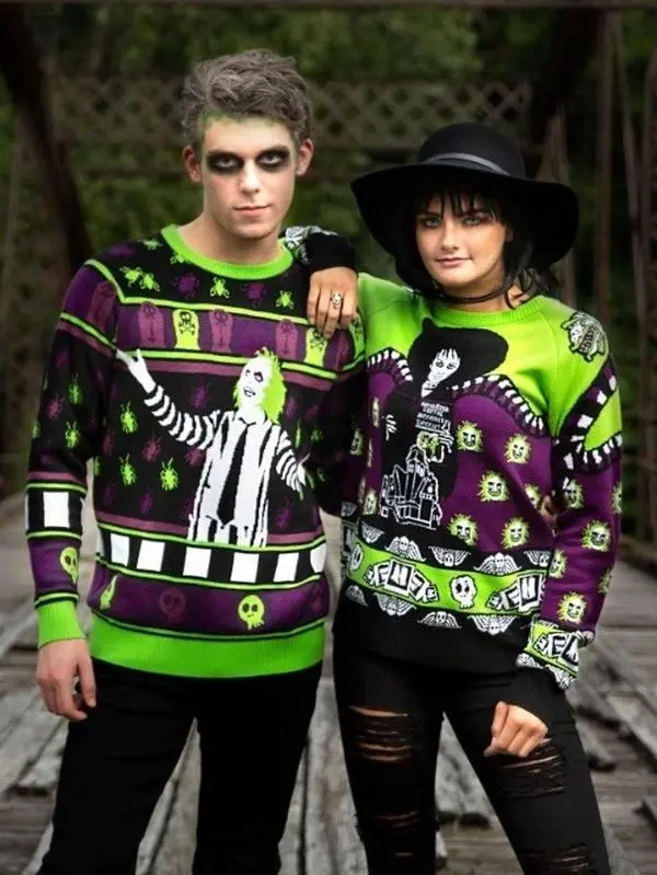 Couple Gothic Halloween Ugly Sweater – Neon Green Purple Horror Knit Jumper, Spooky Couple Matching Costume Top