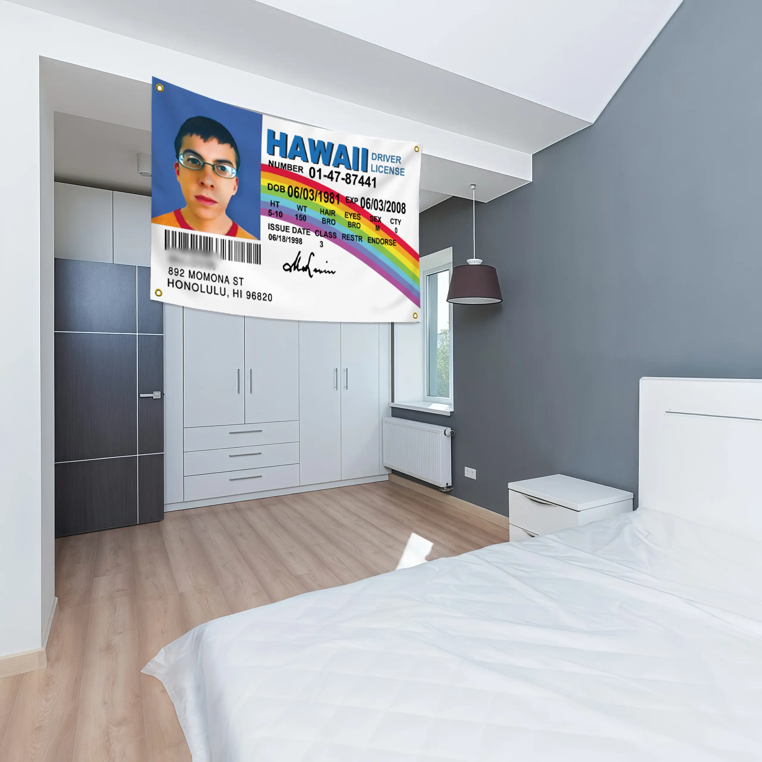Vanpoo Mclovin - Arazzo da parete per camera da letto, dormitorio universitario, grande bandiera Mclovin, con 4 occhielli in ottone Vanpoo Mclovin - Arazzo da parete per camera da letto, dormitorio universitario, grande bandiera Mclovin, con 4 occhielli in ottone
