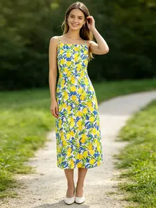 Women's New Lemon Print Halter Midi Dress, High Waist Flowy Style, Perfect for Daily Wear and Vacation, Casual All-Season Fashion