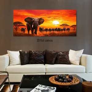 1Pcs African Savanna Elephant Herd Sunset Canvas Painting Modern Living Room Decor Unframed Wall Art Home Decoration BedroomMural Animal Landscape Oil Painting Wall Art