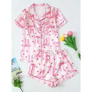 Striped Bow Print Teen Short-Sleeved Shorts Pajama Set, for Teenager, For Teenager