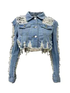 2026 Women's Ripped Raw Hem Button Front Crop Denim Jacket, Fashion Casual Pocket Long Sleeve Collared Outerwear for Everyday Outdoor Wear, Ladies Clothes for Fall & Winter, Womenswear