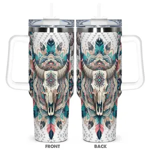 40oz Tumbler, 1pc Gift, Stainless Steel Cup, Drinkware, Insulated and Durable, Pattern designs with cow skulls in Bohemian style, Full of exotic charm, Great gifts for people who love Bohemian culture, Ideal forhot or cold beverages