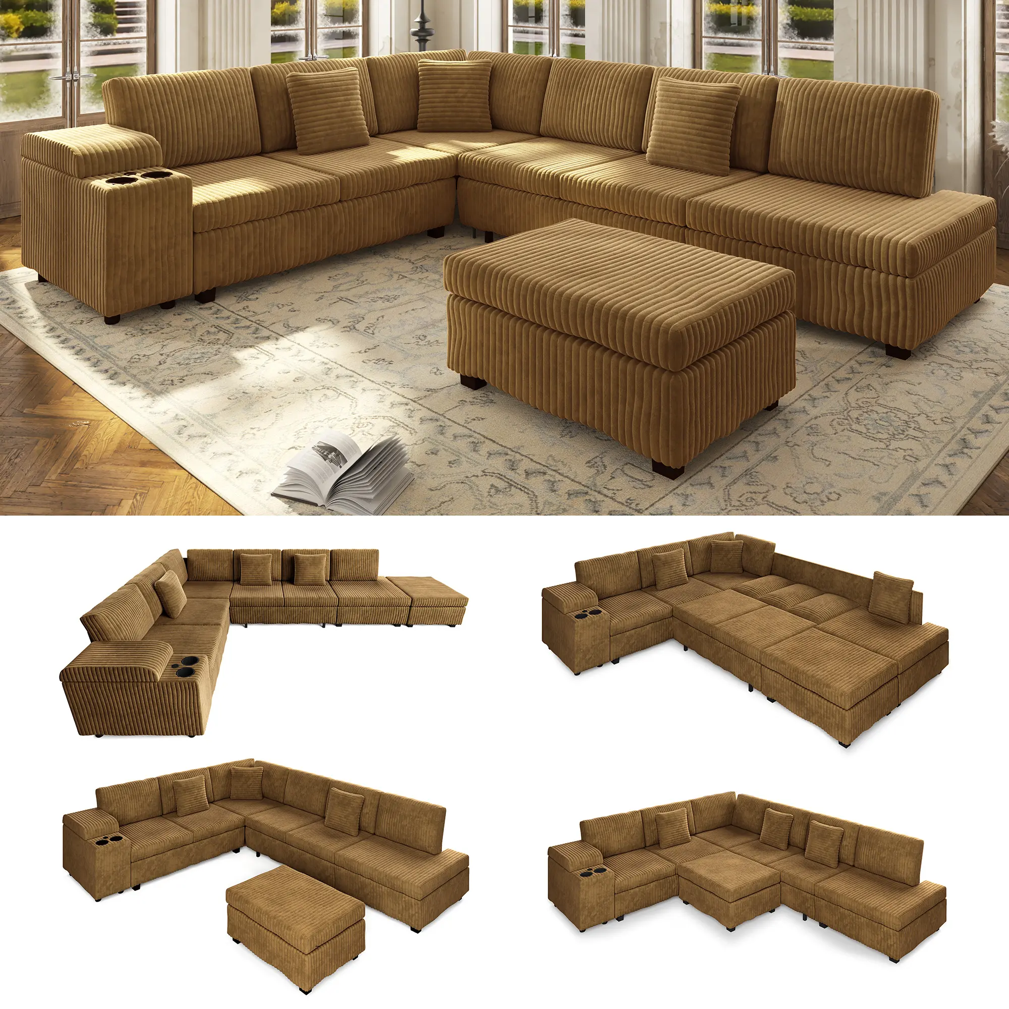 Eyisean 110.2" Corduroy Oversized Modular Sectional Sofa Set, Convertible Pull-Out Sofa Bed with Hidden Armrest Storage & USB Ports, L Shape Deep Seat Couch with Ottoman & Cup Holder for Living Room