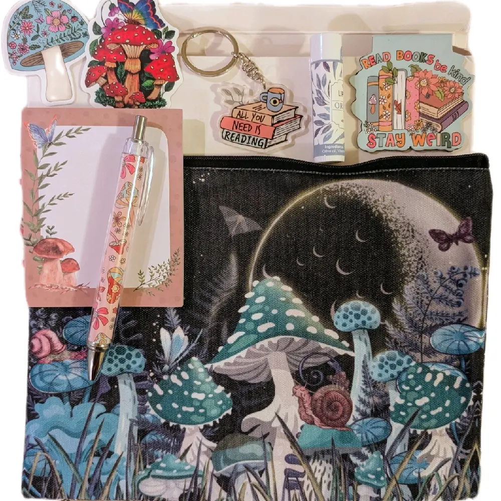 Mushroom Pouch with Bookmark Keychain Stickers Lip Balm Pen & Notepad Accessory Organizer Bag for Makeup and Stationary