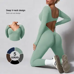 OPAAK Yoga Jumpsuit Green Back Deep V-Neck Design High Elasticity Sportswear Women high flexibility Pure Color Lift the Hips and Tuck in the Waist
