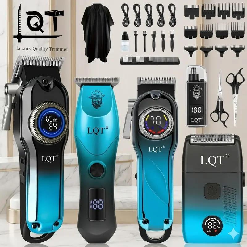 LQT Men's 5-in-1 Professional Smooth Hair Clipper & Trimmer Set - Barber Equipment with Adjustable T-Blade, Detail Tool, Electric Face Shaver, Nose Hair Tool, Cordless LED Display, USB Rechargeable Grooming Kit, Cool Gifts for Guys (Christmas, Birthday)