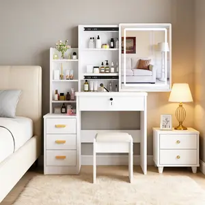 Modern style dressing table with sliding mirror and lights, 5 drawers and shelves, vanity table with padded stool, 3-color LED illuminated mirror, suitable for bedroom, white