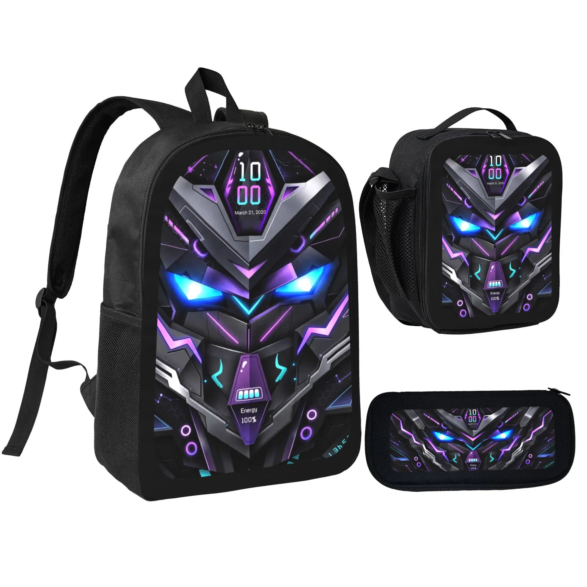 Men's 3-In-1 Cyber Mecha School Set - 600D Oxford Sci-Fi Backpack, Insulated Lunch Bag, Pencil Case with Neon Purple Robot Face, Teen Boy Gift mochila
