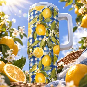 1pc 40oz Stainless Steel Lemon Gingham Tumbler With Handle And Lid, Insulated Water Cup, Insulated Travel Mug, Double Wall Vacuum Cup Keeps Drinks Cold 12H Hot 6H, Large Capacity Coffee Cup For Car Picnic Beach Gift For Women Mom Friends