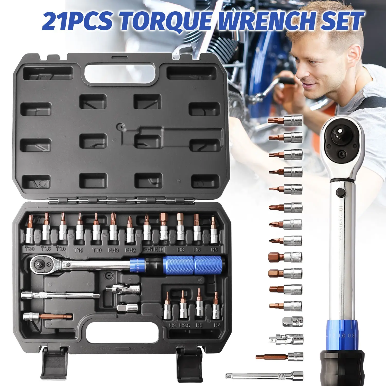 21PCS Torque Wrench Set Accurate 2-24Nm for Bike Motorcycle Repair Tool
