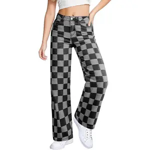 Women's Wide Leg Jeans High Waisted Stretchy Straight Leg Checkered Loose Denim Pants