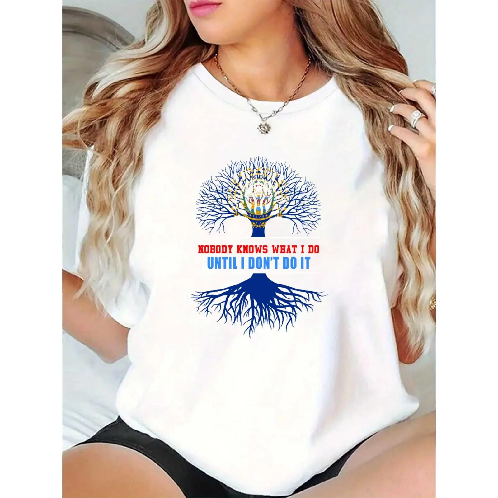 Women's NYC Flag Tree Graphic T - Shirt | 'Nobody Knows What I Do' Slogan Casual Work & Daily Wear Top for Female Professionals, White Tee with Blue Root/Branch Design
