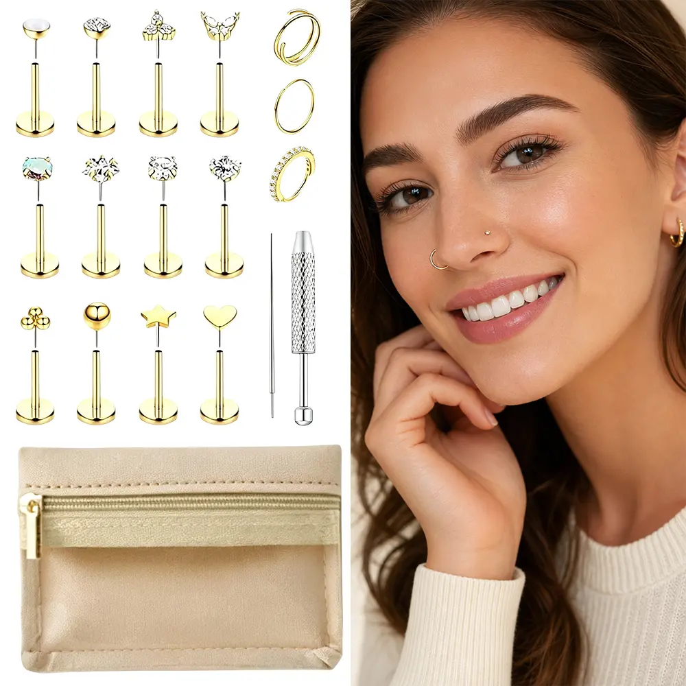 Gold Color Nose Rings Studs for Women,  Tragus Helix Threadless Nose Stud, Surgical Steel  Piercing Jewelry for Nose, Ear