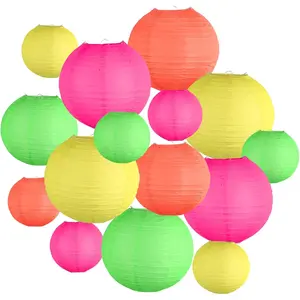 15Pcs Glow in The Dark Colorful Round Hanging Paper Lanterns Neon Party Decorations for Birthday Wedding Baby Shower Home Bar Decor