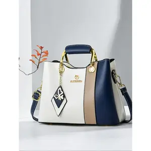National Day Offers Women's Fashion Colorblock Patchwork Handbag, Casual Large Capacity Zipper Shoulder Bag with Butterfly Charm, Trendy Versatile High-quality Daily Commuting Bag, Fashionable Handbag