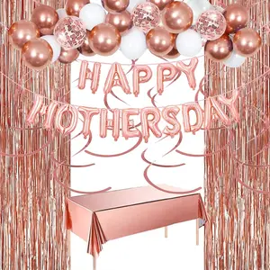 Happy Mother's Day Decorations Banner and Bolloons Set, Rose Mothers Day Party Supplies with Foil Fringe Curtains, Banner, Balloons, Tablecloth, Hanging Swirls Decor