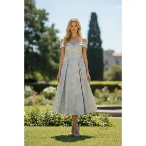 Off-Shoulder Jacquard Fit & Flare Gown with Overskirt