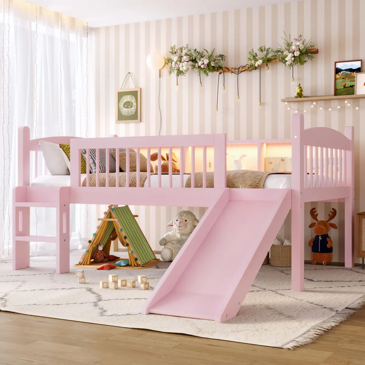 Twin Size Low Loft Bed with Slide and Storage Shelves, Solid Wood Loft Bed with LED Lights and Full-length Guardrails, No Box Spring Needed