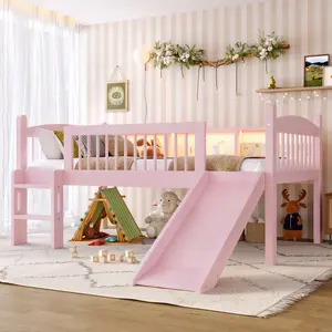 Twin Size Low Loft Bed with Slide and Storage Shelves, Solid Wood Loft Bed with LED Lights and Full-length Guardrails, No Box Spring Needed