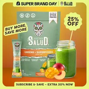 Salud 2-in-1 [Greens + Superfoods – Peach Mango] Daily Greens Drink Mix, Agua Fresca, Gut Health & Bloating Support, Probiotics & Prebiotics, Vegan, Non-GMO, Easy-to-Drink Greens Powder (15 Servings)