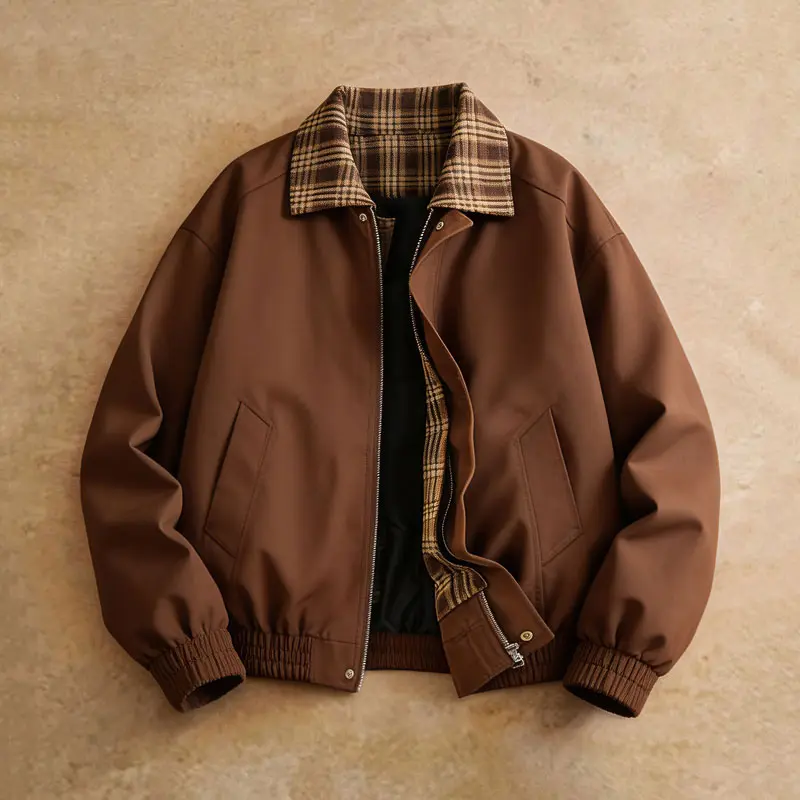 Men’s vintage brown Harrington bomber jacket with plaid collar, loose streetwear zip up windbreaker, fall/winter casual lapel outerwear with side pockets, for daily commute, hangouts, and outdoor travel, retro men’s fashion top