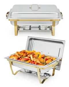 GARVEE Set of 2 Rectangular 8QT Buffet Servers and Warmers with Lid and Foldable Frame, Stainless Steel Food Warmers for Parties, Weddings, and Catering Supplies in Elegant Gold Finish