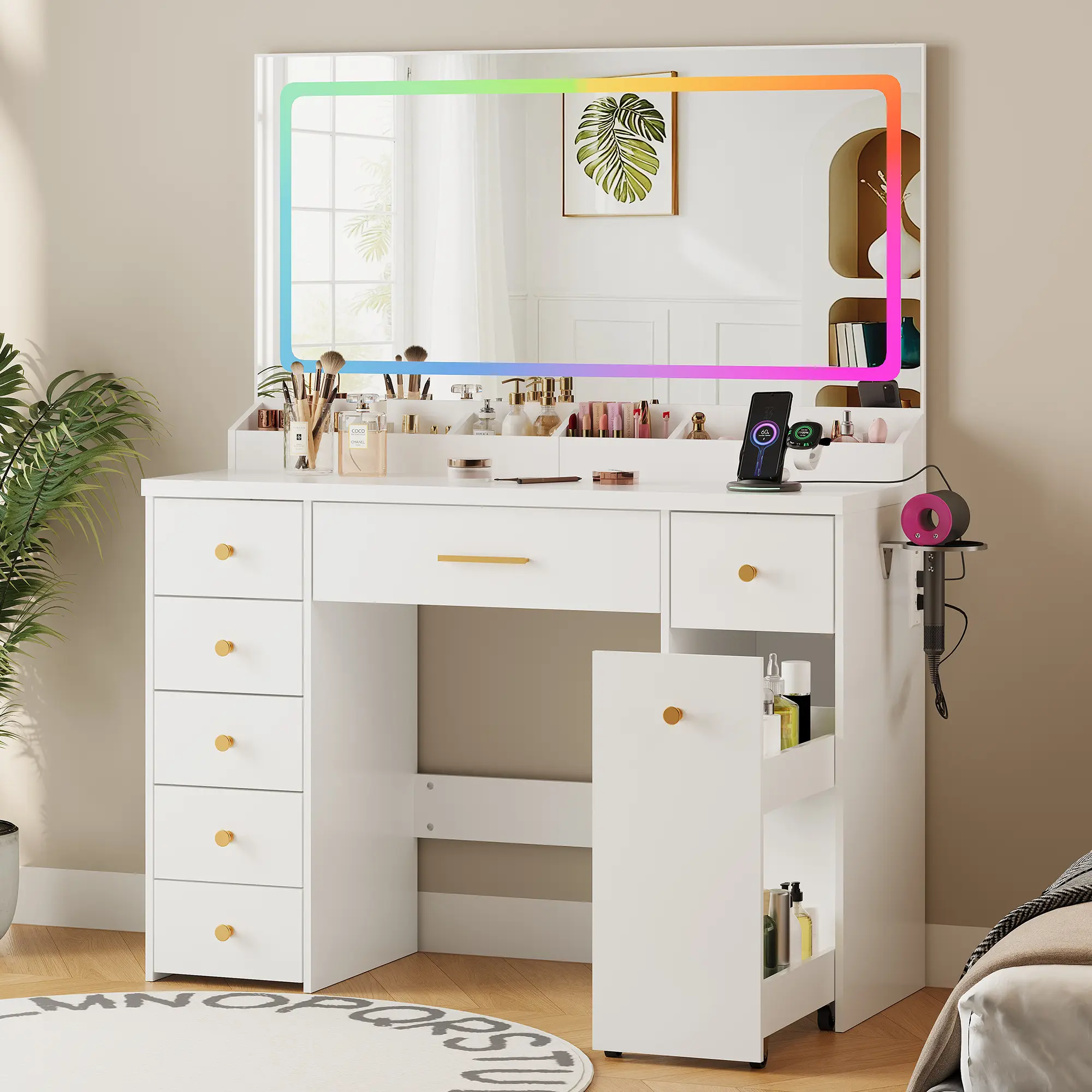 Vanity table with Colorfu LED Lights 7-Drawer Bedroom Dressing Cabinet Dressing Table with Pull-Out Storage Cabinet Vanity Set with Power Outlet Dreamy Bedroom Dressing Table Furniture Bedroom makeup Mirror Gift Set Dressing Table for Girls