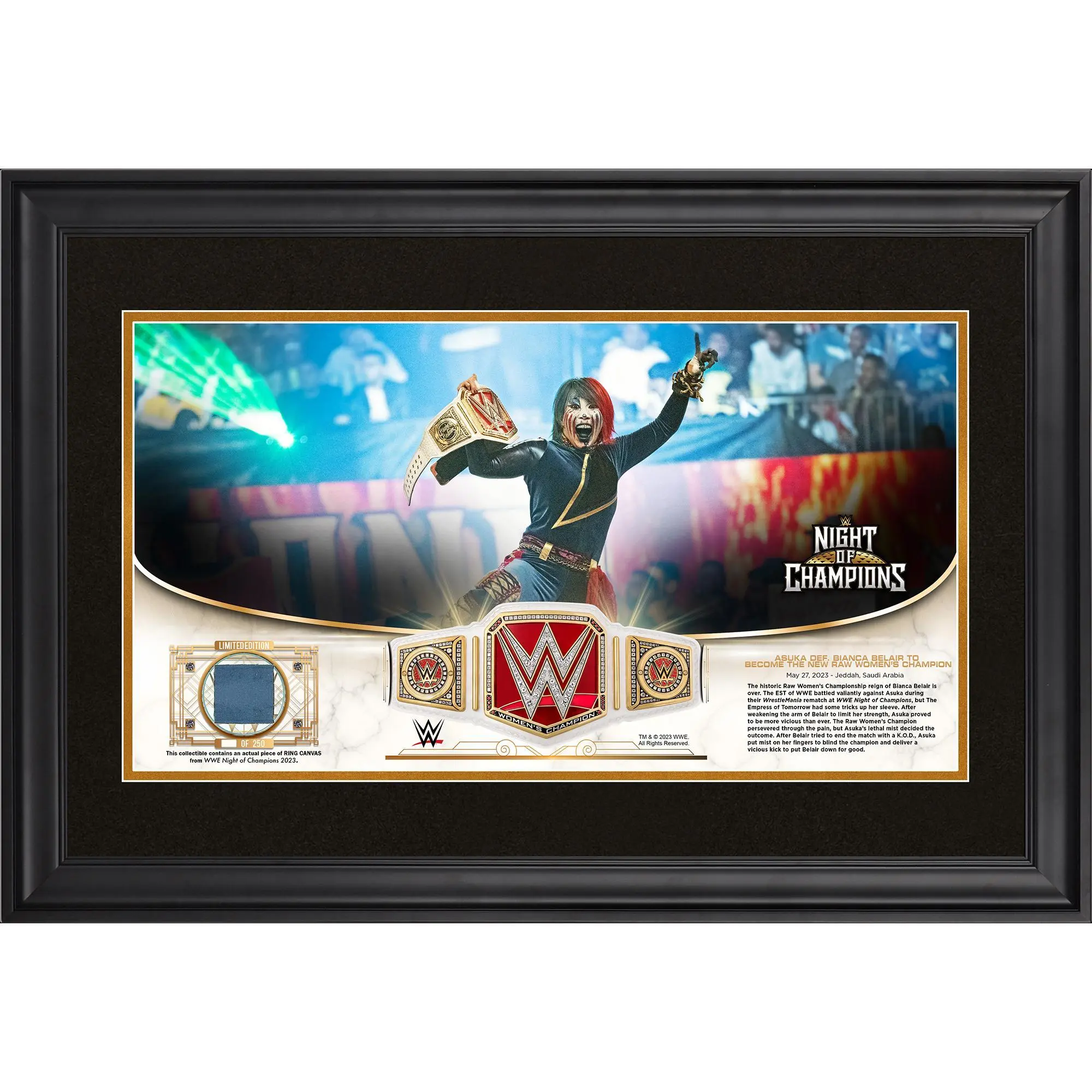 Asuka WWE Framed Golden Moments 10" x 18" 2023 Night of Champions Collage with a Piece of Match-Used Canvas - Limited Edition of 250 - Fanatics Authentic Certified