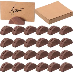 24 Pcs Wooden Table Number Stands, Semicircular Place Card Holders with 24 Pcs Tented Cards, Table Name Holders for Retail Shop Wedding Party Events Decoration (Brown)