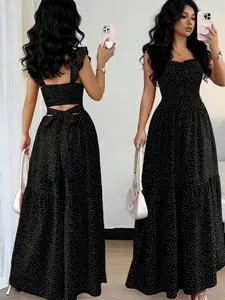 Red Polka Dot Chiffon Maxi Dress | Elegant Square Neck Flying Sleeves | Vacation, Summer, Party Dress