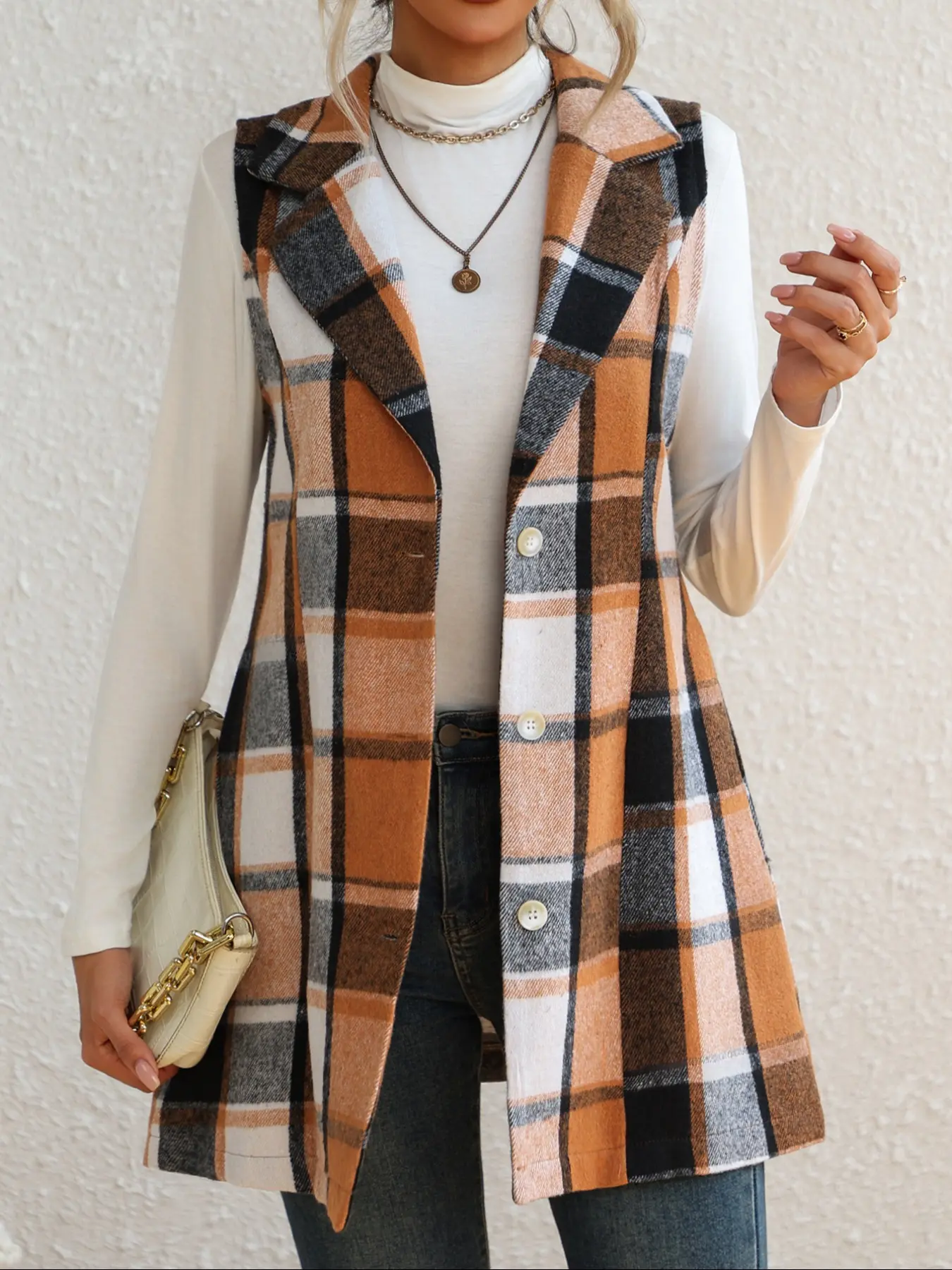 Women's Fashion Sleeveless Plaid Collared Button Front Vest, Spring & Fall Plain Fitted Waistcoat, Casual Daily Wear Outerwear Garment, Womenswear