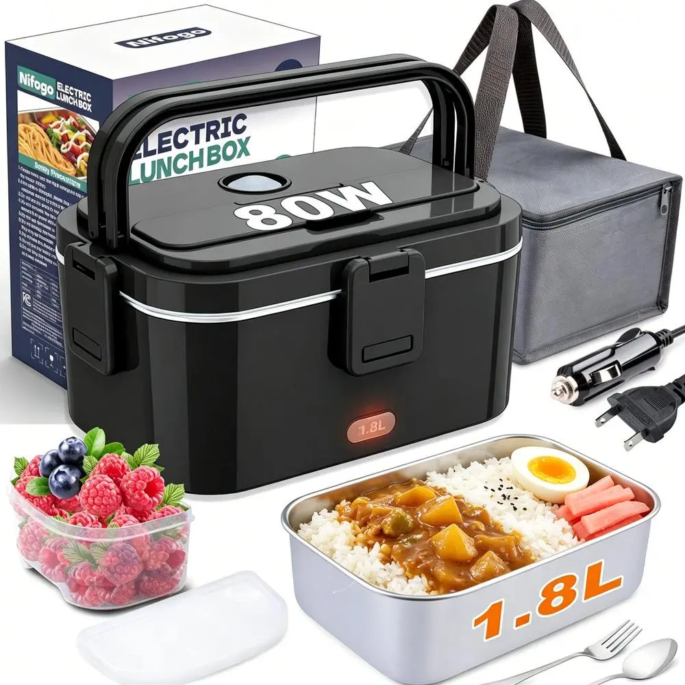 Portable Electric Heating Lunch Box 100W - Time Preset, Detachable 304 Steel Tray, Full Silverware Tableware for Cross Country Self-Drive, Picnics