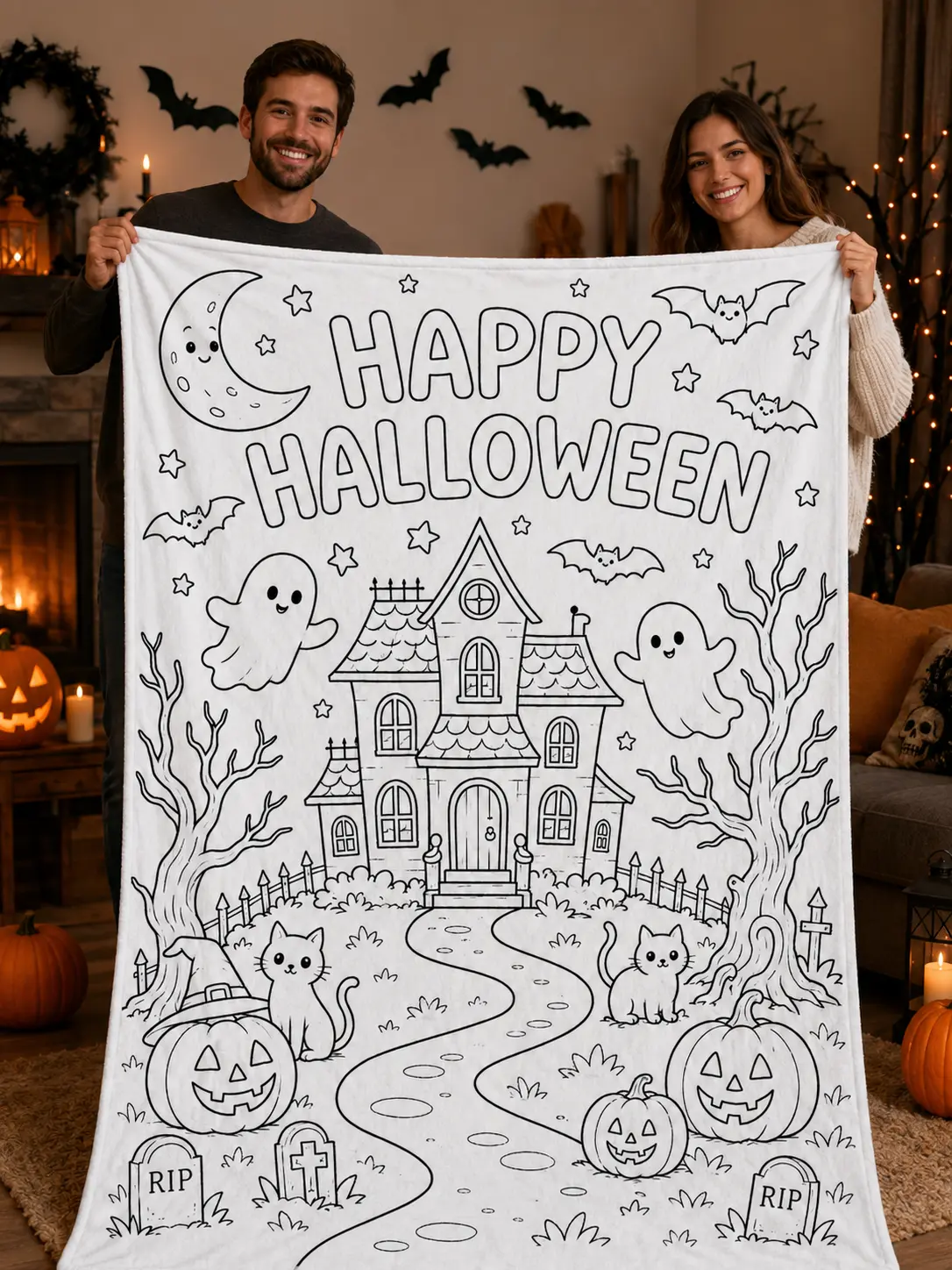 Happy Halloween DIY Coloring Throw Blanket, Soft Flannel Color Your Own Ghost Pumpkin Haunted House Art for Kids Bedroom and Family Lounge, Creative Craft Activity for Movie Night, Halloween Gift for Children and Families