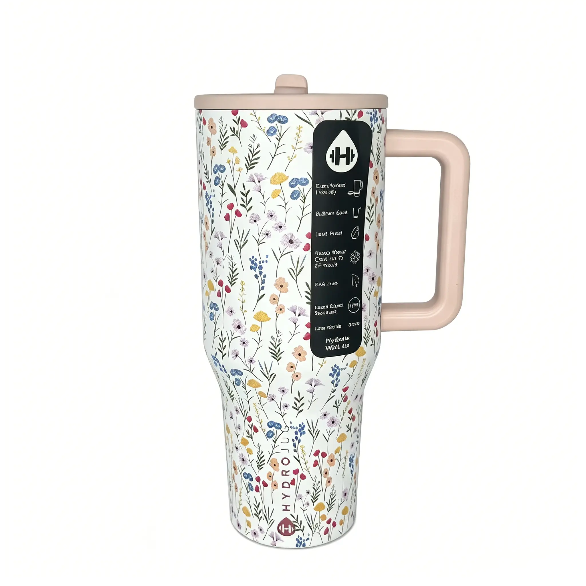 HydroJug 40oz Insulated Stainless Steel Tumbler - Reusable Colorful Water Bottle with Handle, Flip Straw, Leak-Proof Seal, Rubber Bottom, Cup Holder-Fit, 1000-2000ml Capacity, Ladies' Floral Gift, Coffee Compatible