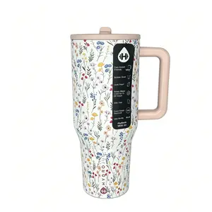 HydroJug 40 oz Water Bottle with Handle, Keeps Ice Cold for a Long Time, Stainless Steel Travel Cup, Leak-Proof, BPA-Free, Suitable for Cup Holders, Iced Coffee, Car and Office Drinkware, Water Bottle - Colorful Small Flower Series Thermos Cup