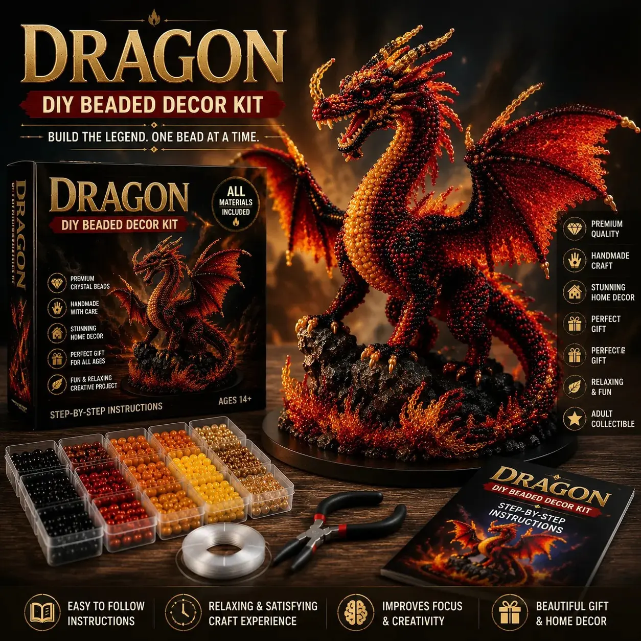 Dragon DIY Beaded Decor Kit, 3D Crystal Bead Dragon Making Craft Set with Pliers Wire Instructions, Handmade Collectible Ornament, Home Decoration Gift for Adults Teens