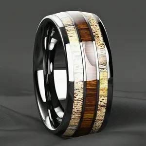 Men's Fashion Stainless Steel Ring with Koa Wood Antler Inlay, Elegant and Luxurious Domed Jewelry for Men in Office or Everyday
