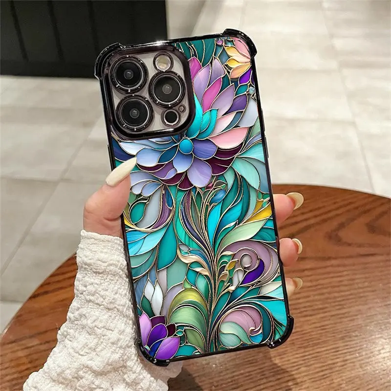 Vibrant Glass Floral Pattern phone case Suitable for iPhone 17/16/15/14/13/12/11 Pro Max Plus electroplated anti drop soft case phone case Screen Protector Protection Protective Cover Smartphone Casing Cellphone Shockproof